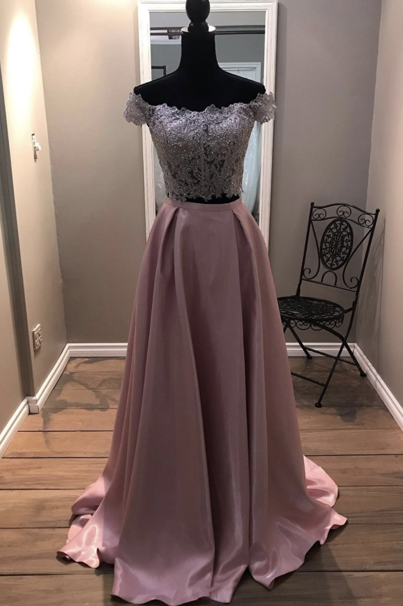Blue two pieces lace long prom dress, blue lace evening dress main image 0