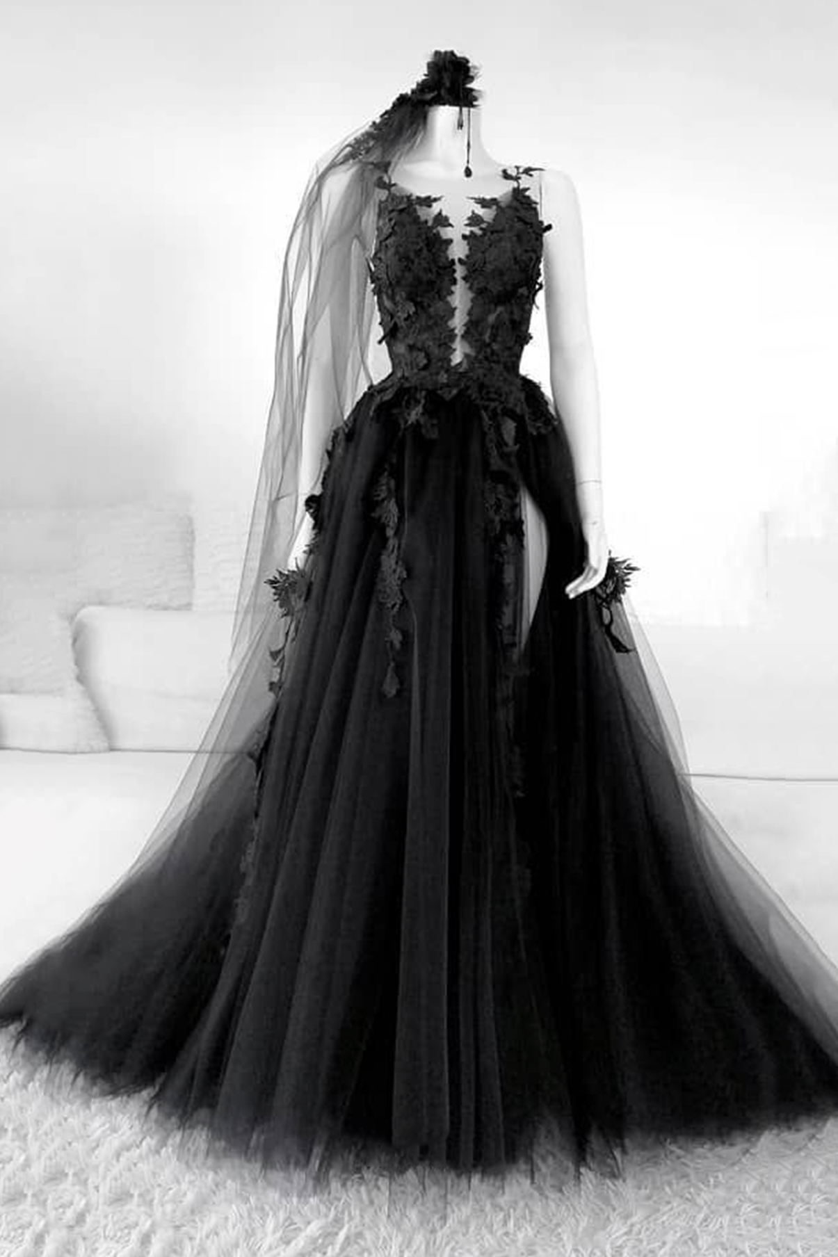 Black Lace Long A Line Prom Dress Black Evening Dress on Luulla