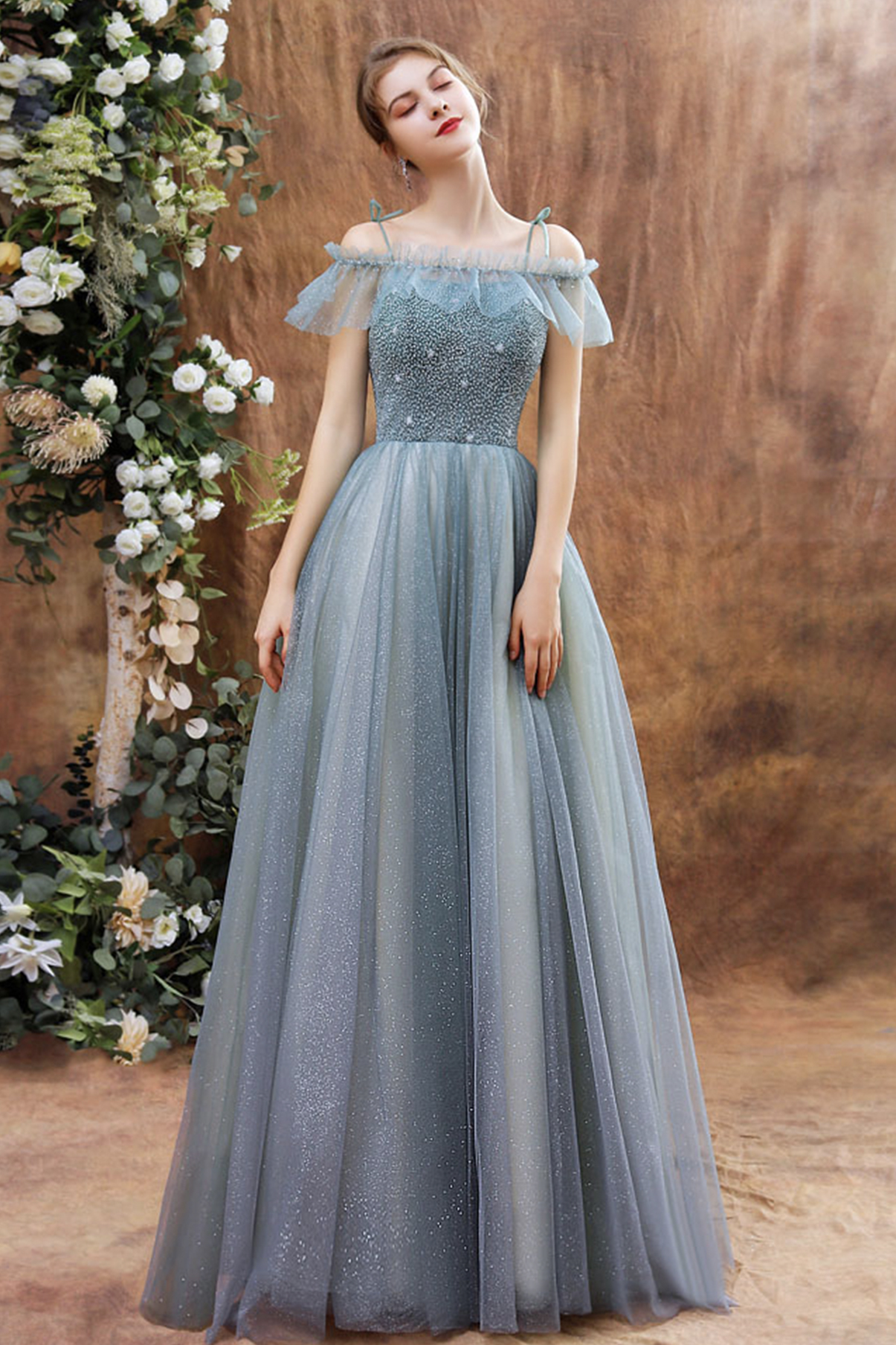 Shiny Tulle Beads Long Prom Dress Blue Evening Dress on Luulla