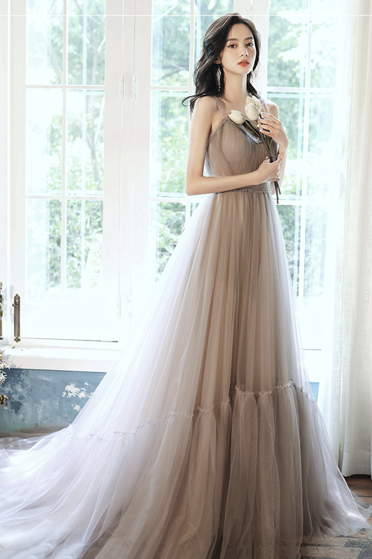A-Line Velvet Tulle Long Prom Dresses, V-Neck Evening Dresses