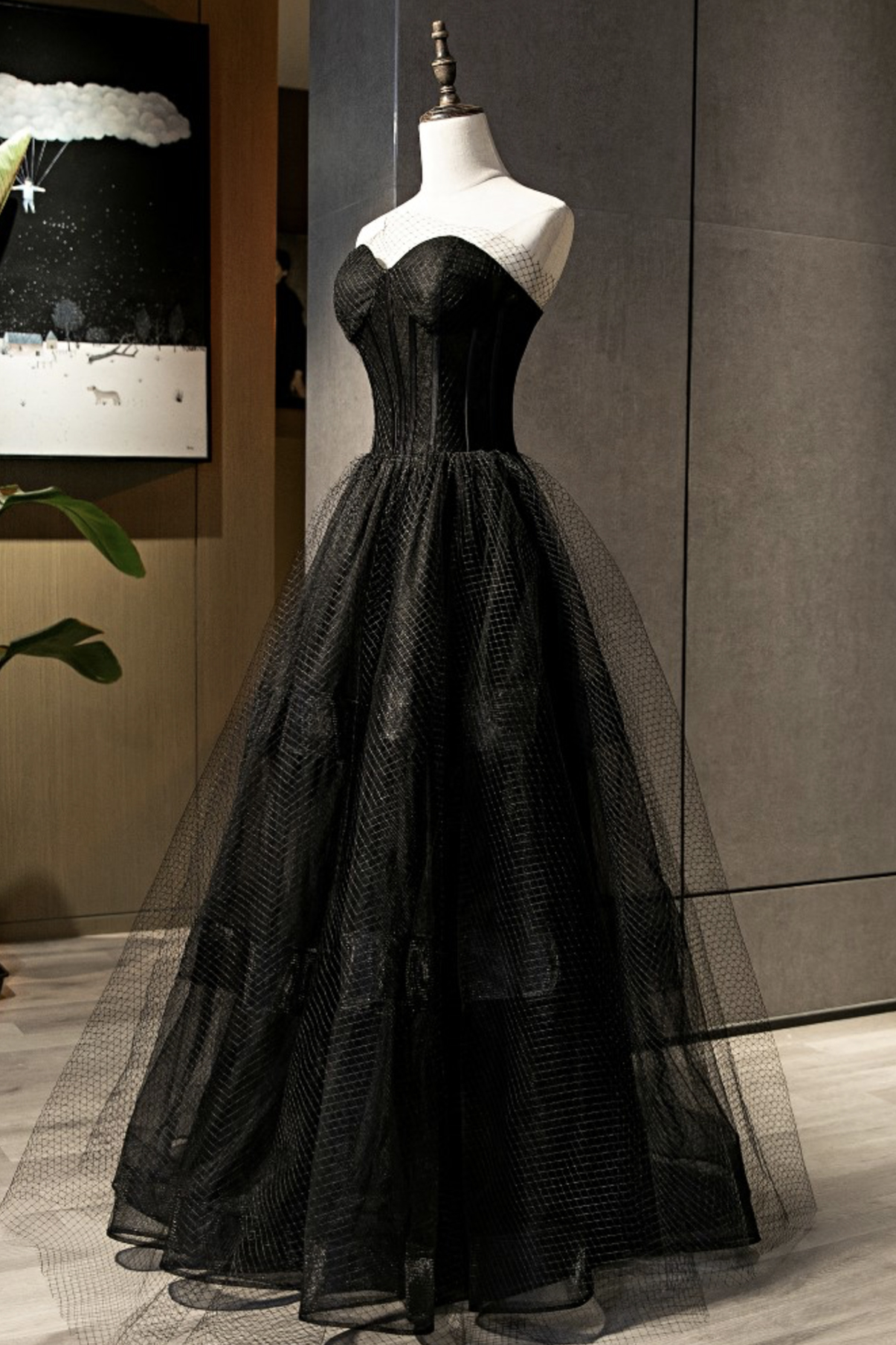 Black tulle long A line prom dress black evening dress s68
