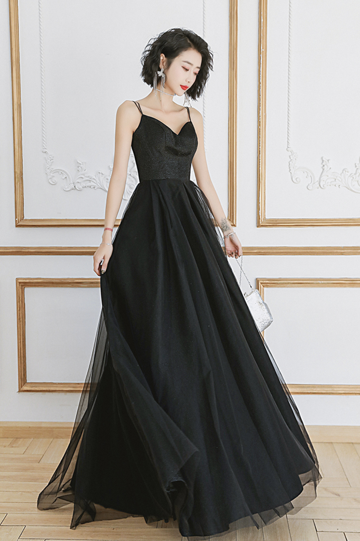 Black Tulle Long Prom Dress A line Evening Dress Y1138