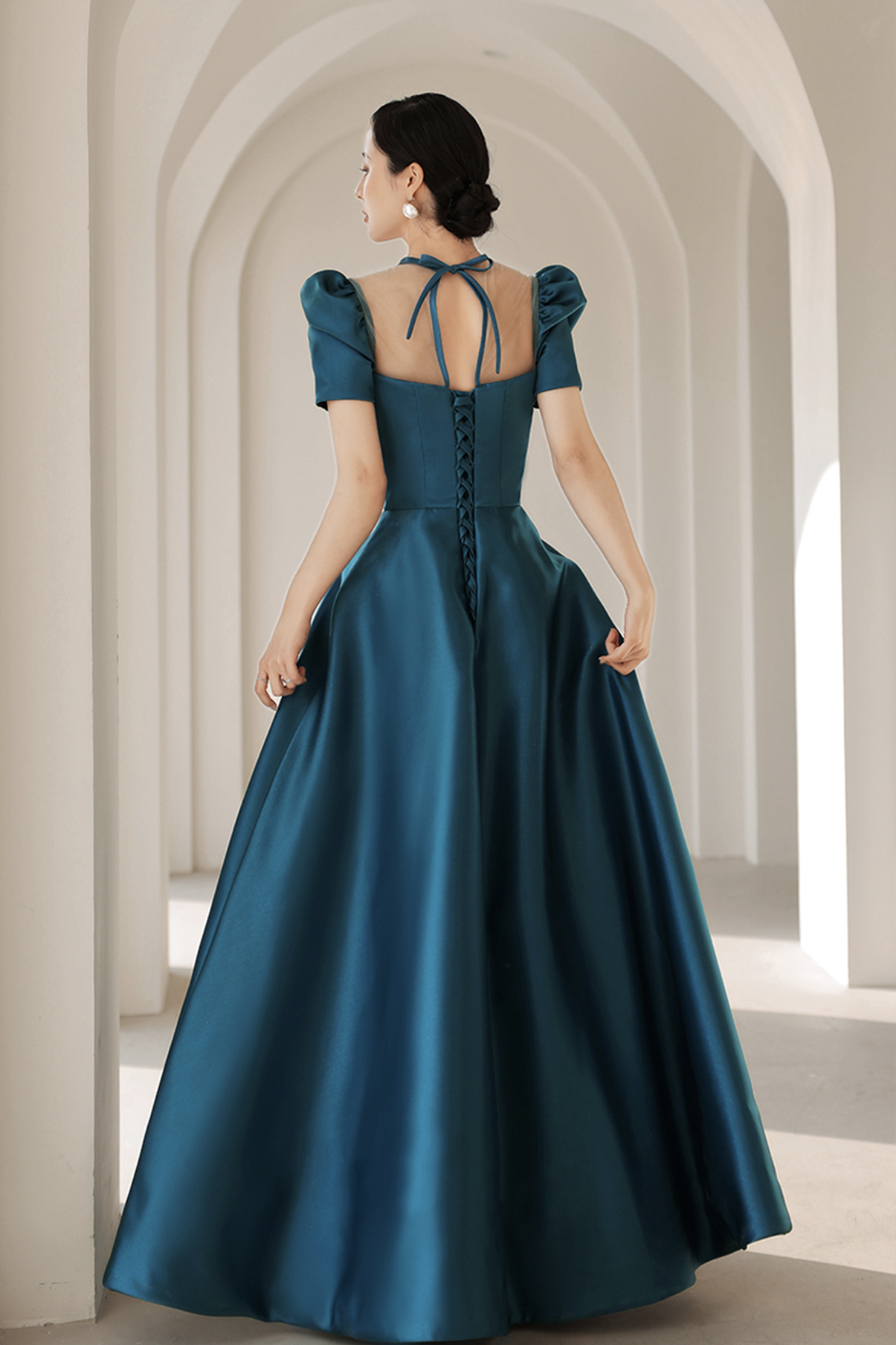 Blue Satin Long Prom Dresses, A-Line Evening Dresses