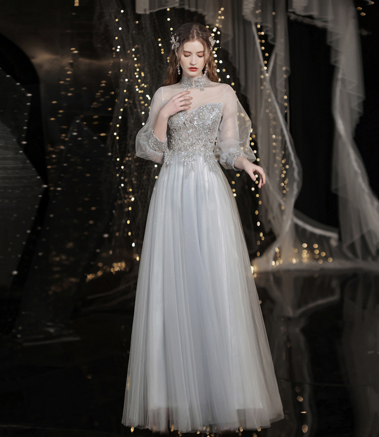 Gray tulle lace prom dress A line evening dress  8442 main image 1