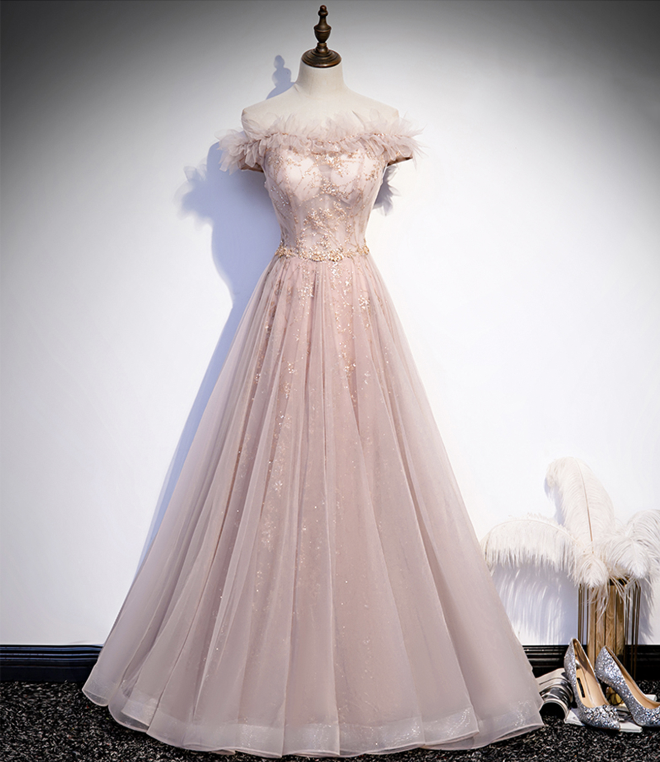 Pretty Hot Pink Straps Tulle Sequins Evening Dress A Line Prom Party Dress cc1850