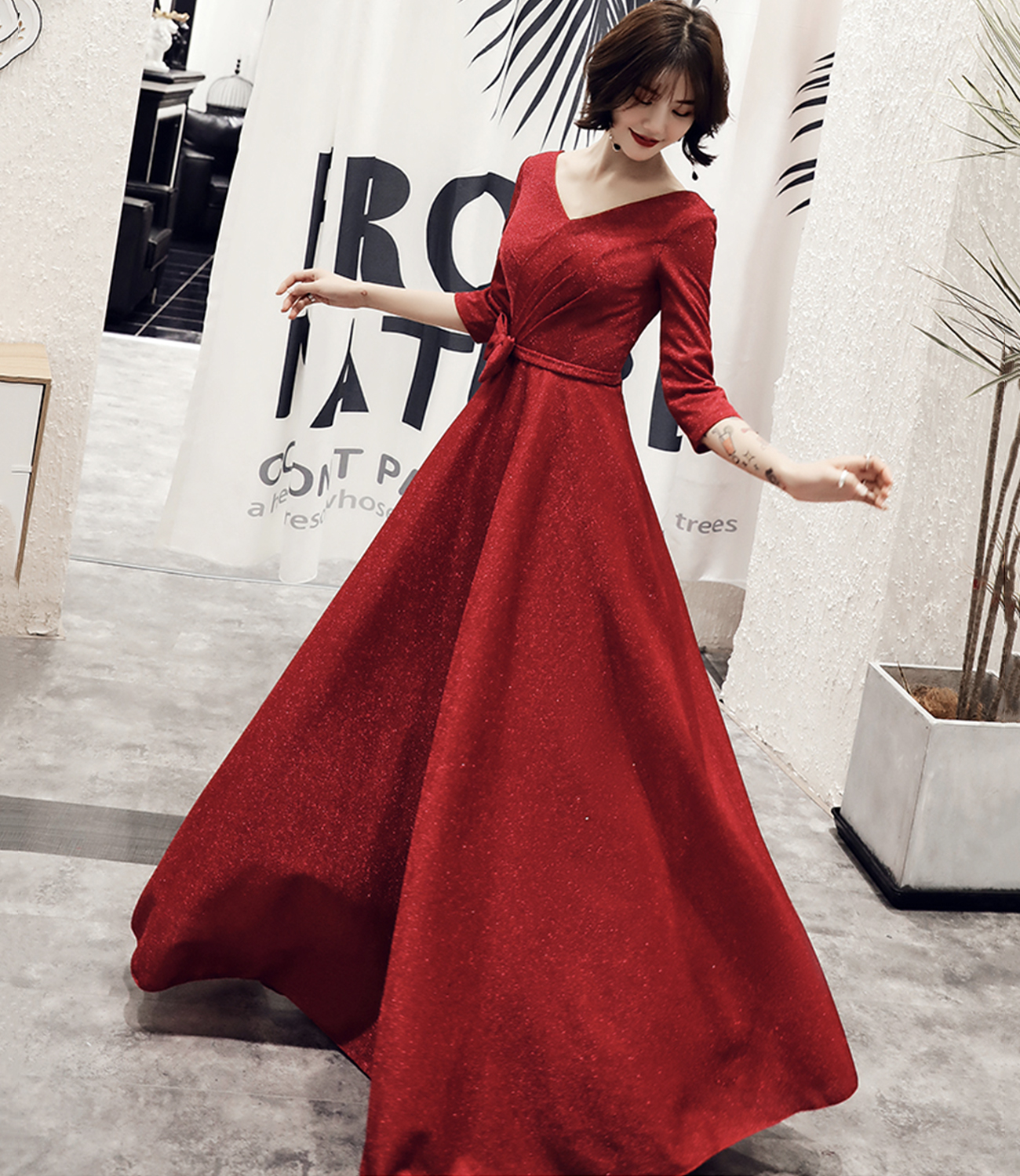 Burgundy Long A-line V-Neck Satin Evening Prom Dress With Pockets main image 0