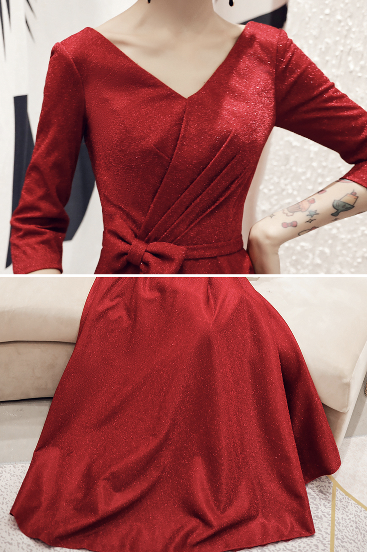 Chic Burgundy A-line Prom Dress With Long Sleeves Y5607 main image 1