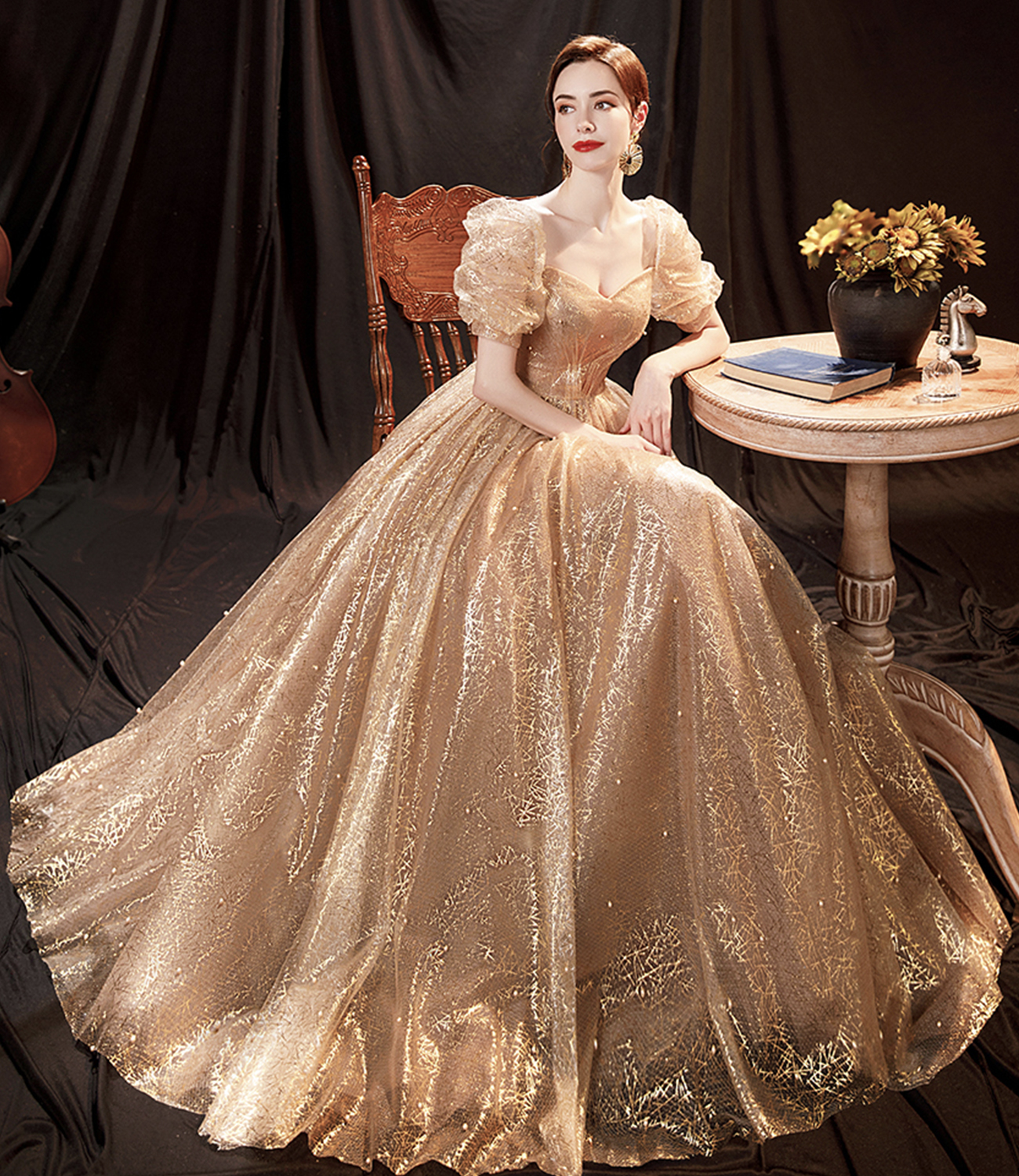 Shiny Tulle Yellow A Line Beaded Long Prom Dresses, Evening Dresses, PL607
