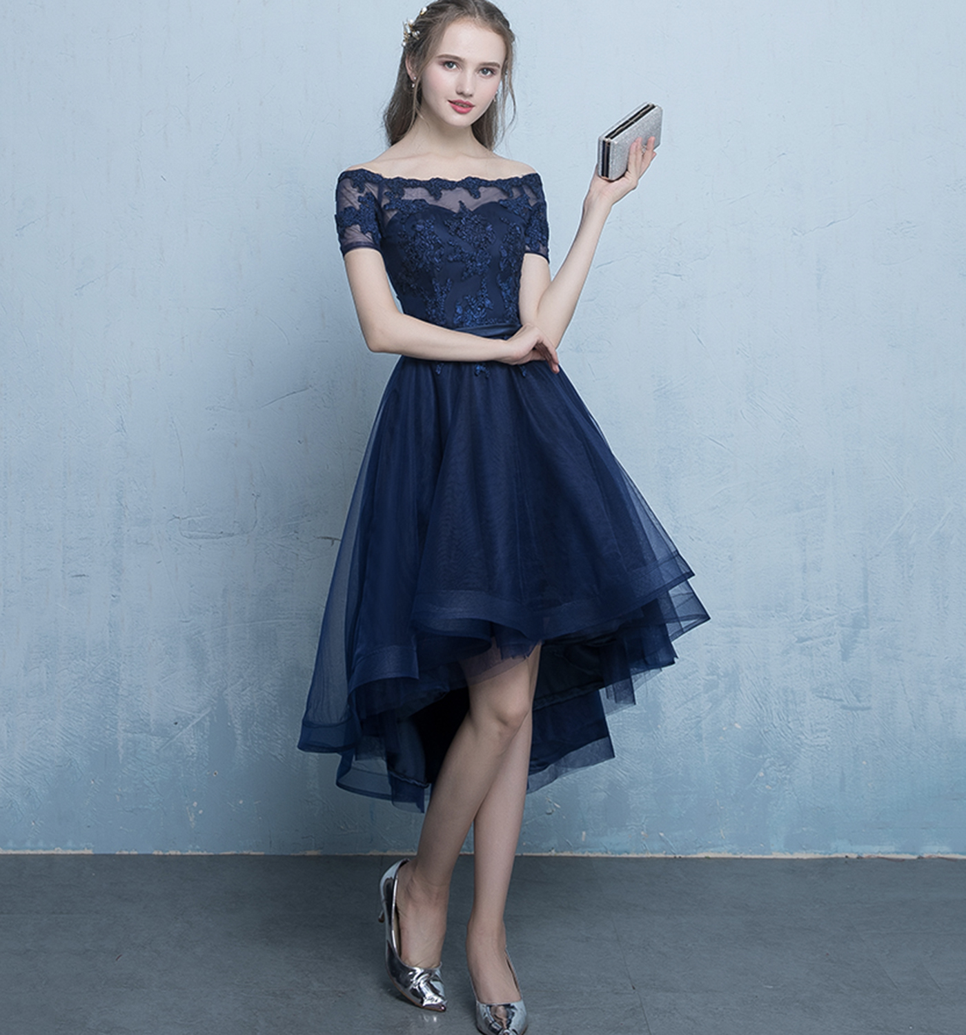 Blue Lace High Neck Dress For Women main image 1