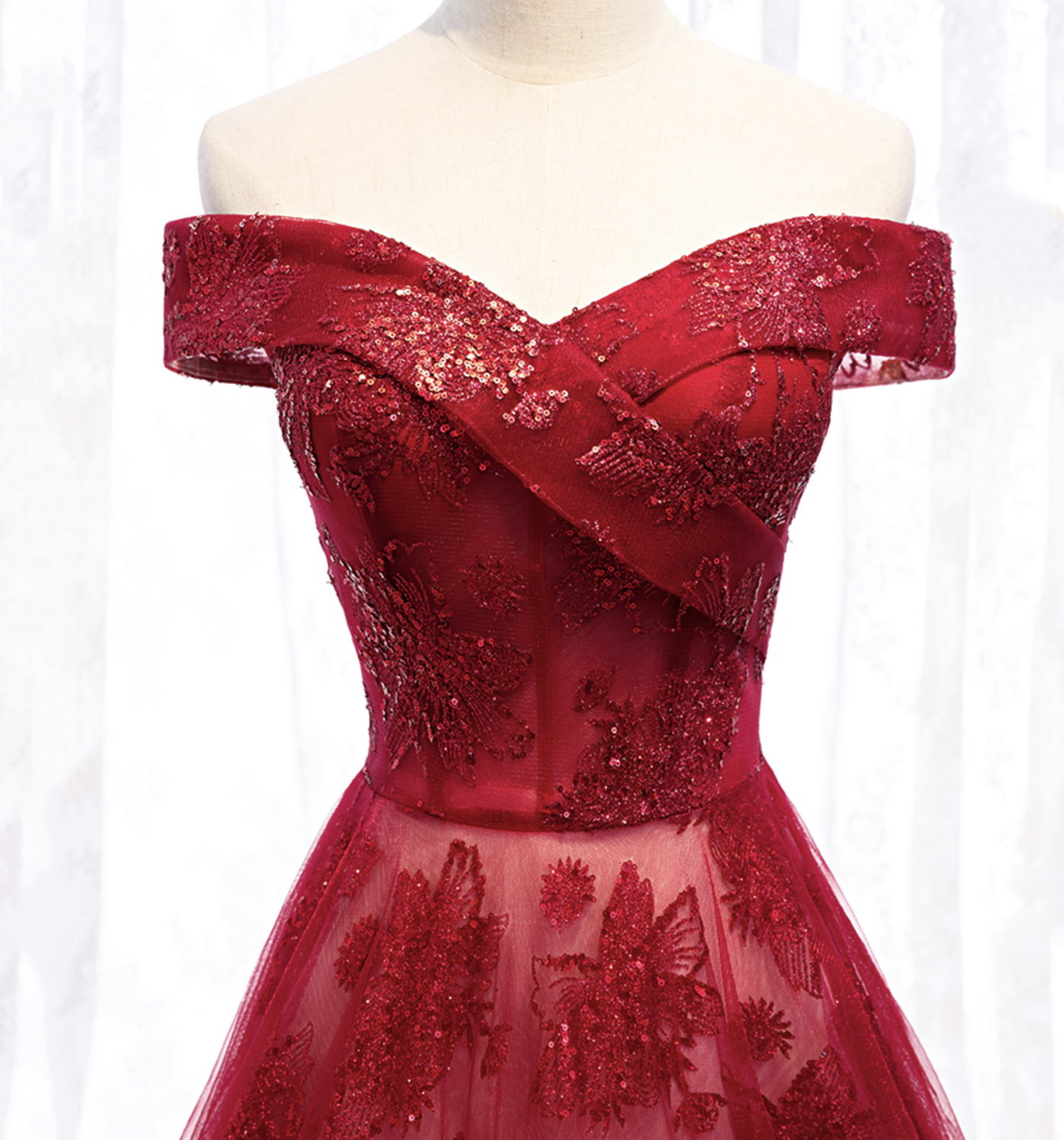 Red tulle sequins long prom dress red evening gown Y1179 main image 1
