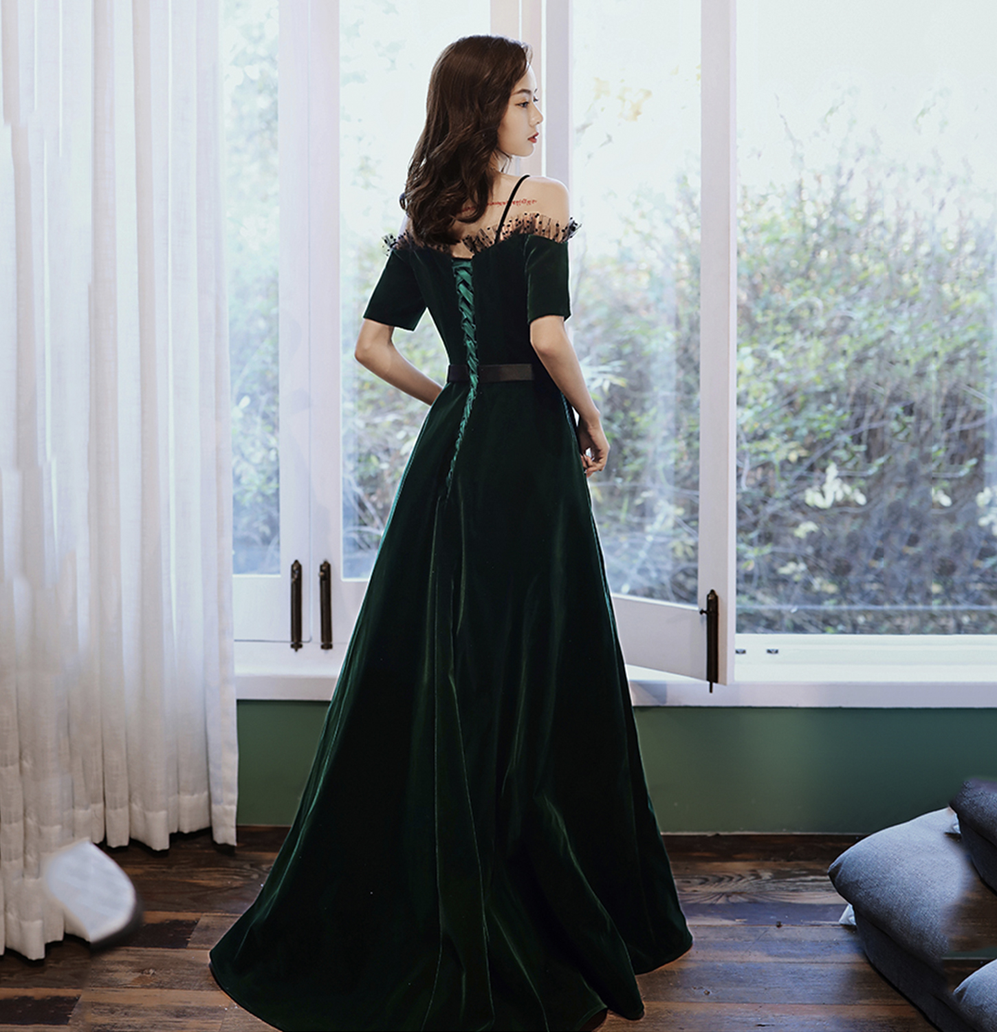 Dark Green Long Sleeves A-Line Velvet Appliques Long Formal Evening Dresses, DP5271