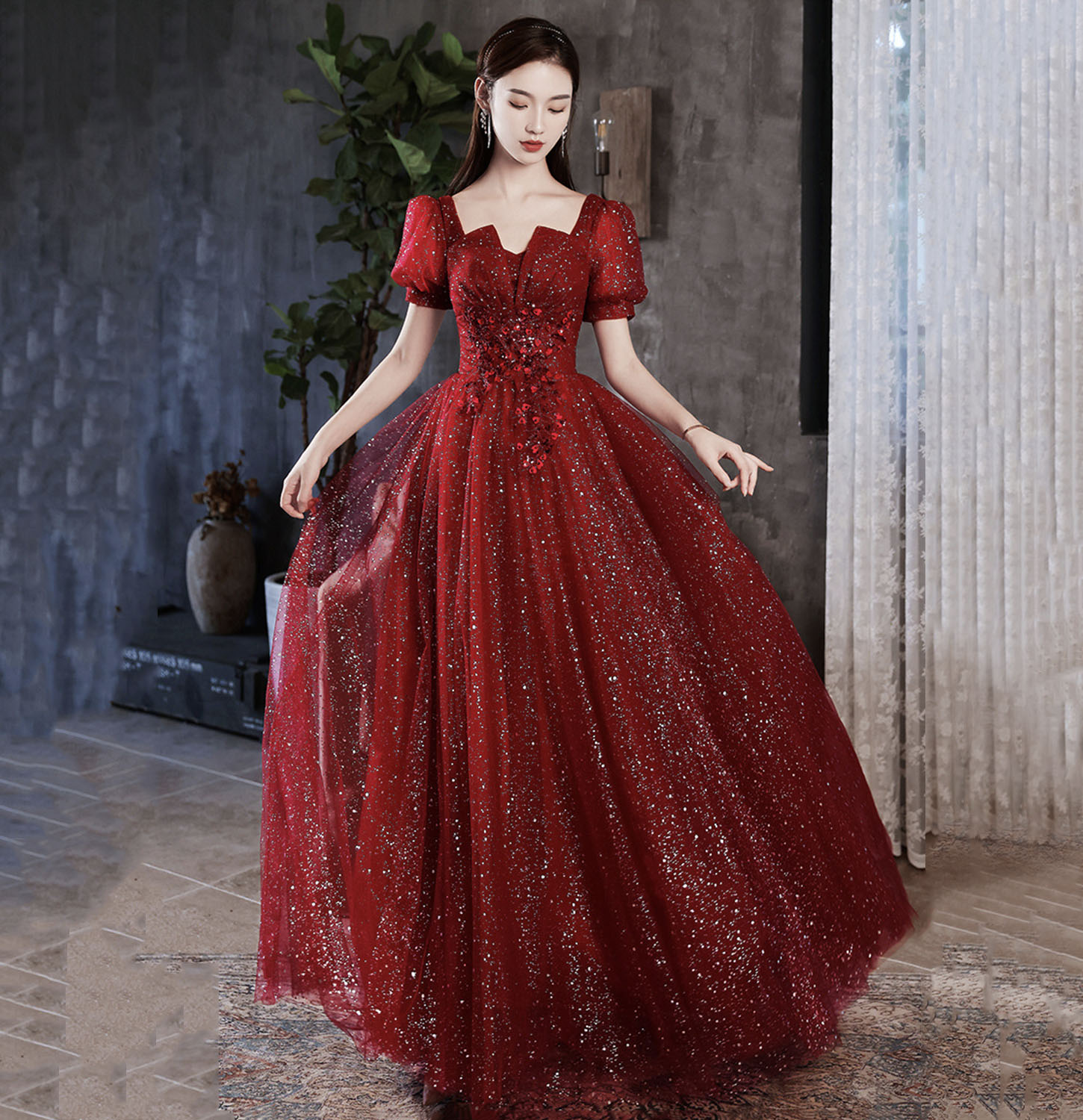 Shiny tulle sequins long prom dress A line evening gown  10380 main image 1