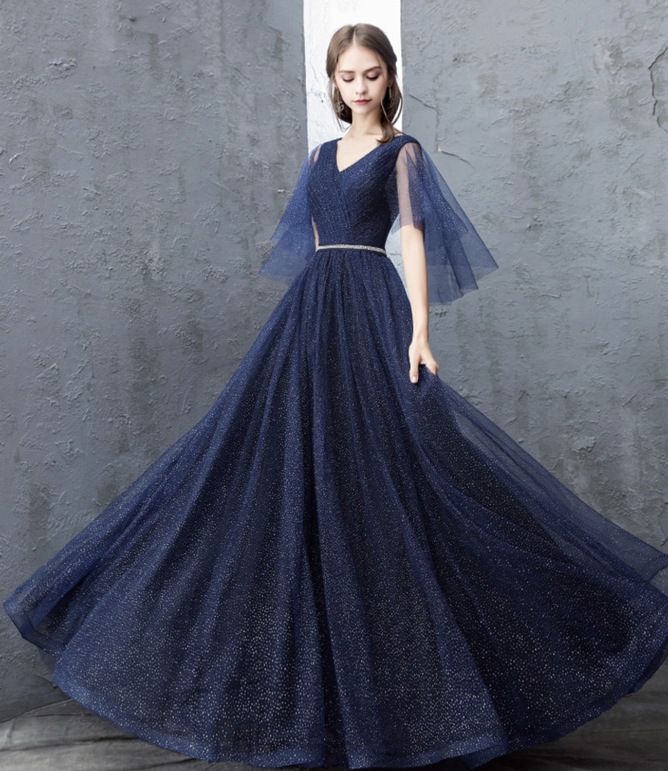 Blue Tulle Sequins Long Prom Dress A Line Evening Dress on Luulla