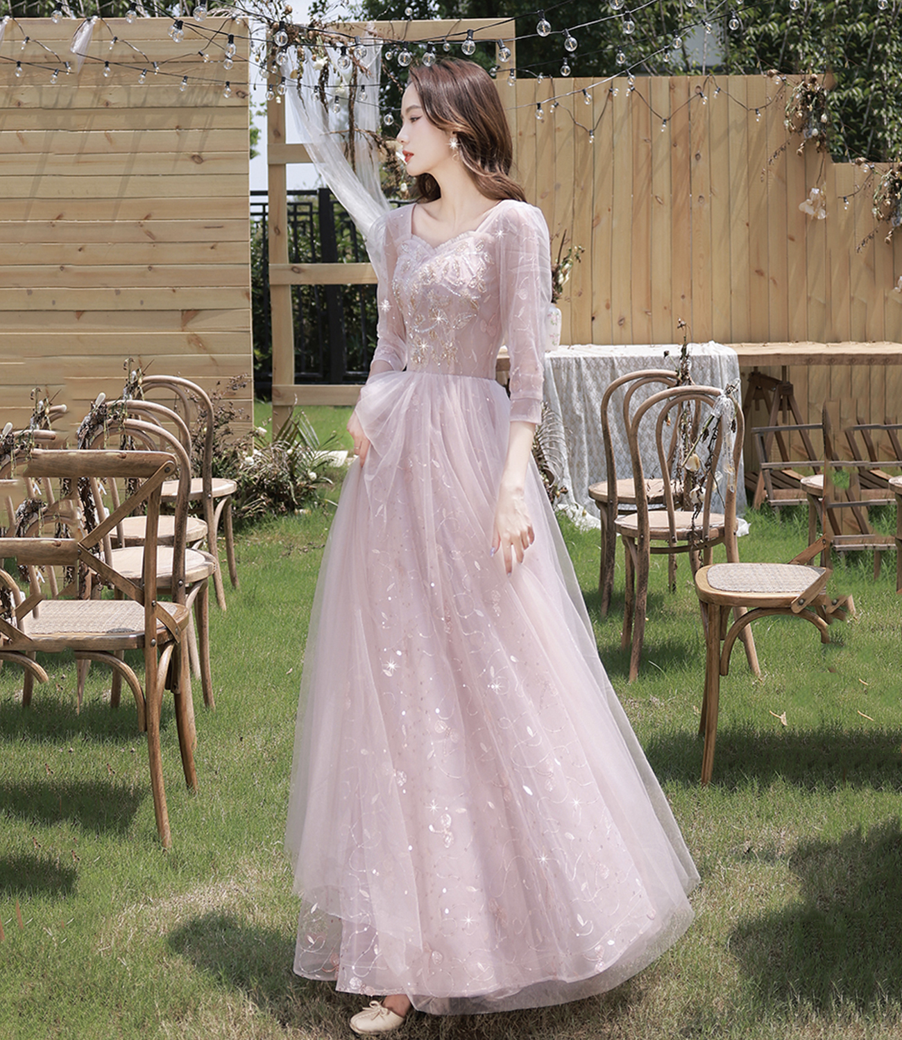 Elegant Pink Evening Dress Long with Sequins, Flowers, and V Neck Tulle main image 1