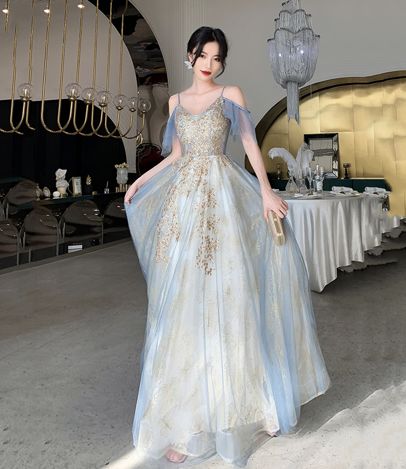 Blue tulle sequins tea length prom dress party dress  C119