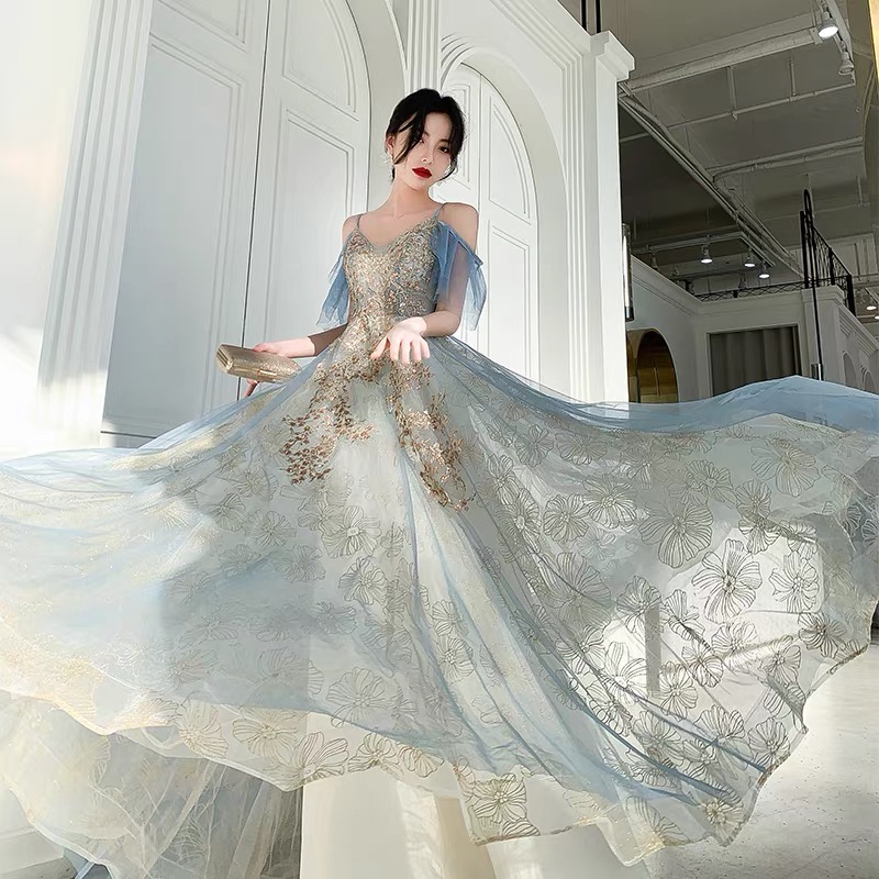 Blue Tulle Sequins Long Prom Dresses, A-Line Strapless Evening Dresses Y944