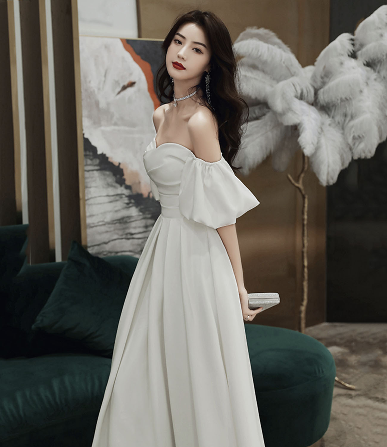 A Line Prom Dress, White Evening Dress