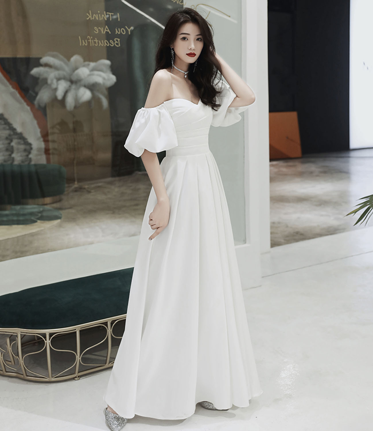 White Simple Prom Party Dress Long Formal Evening Dress