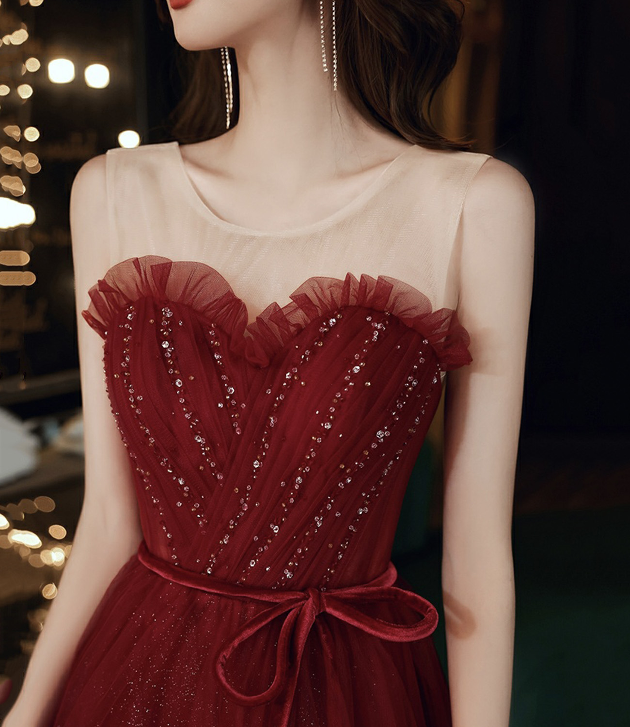 Burgundy tulle sequins long A line prom dress evening dress s69