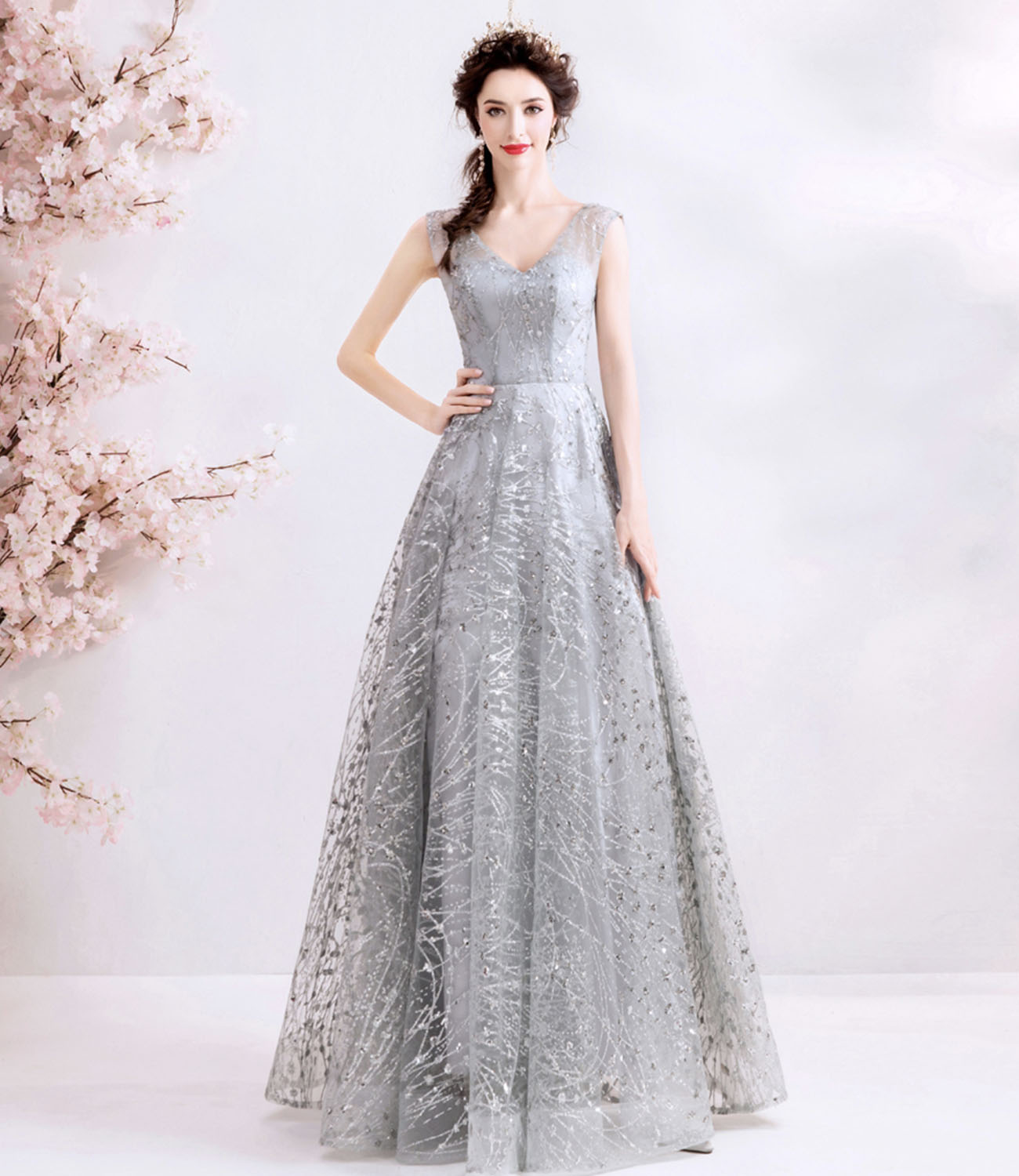 Gray tulle sequins long prom dress A line evening gown s65