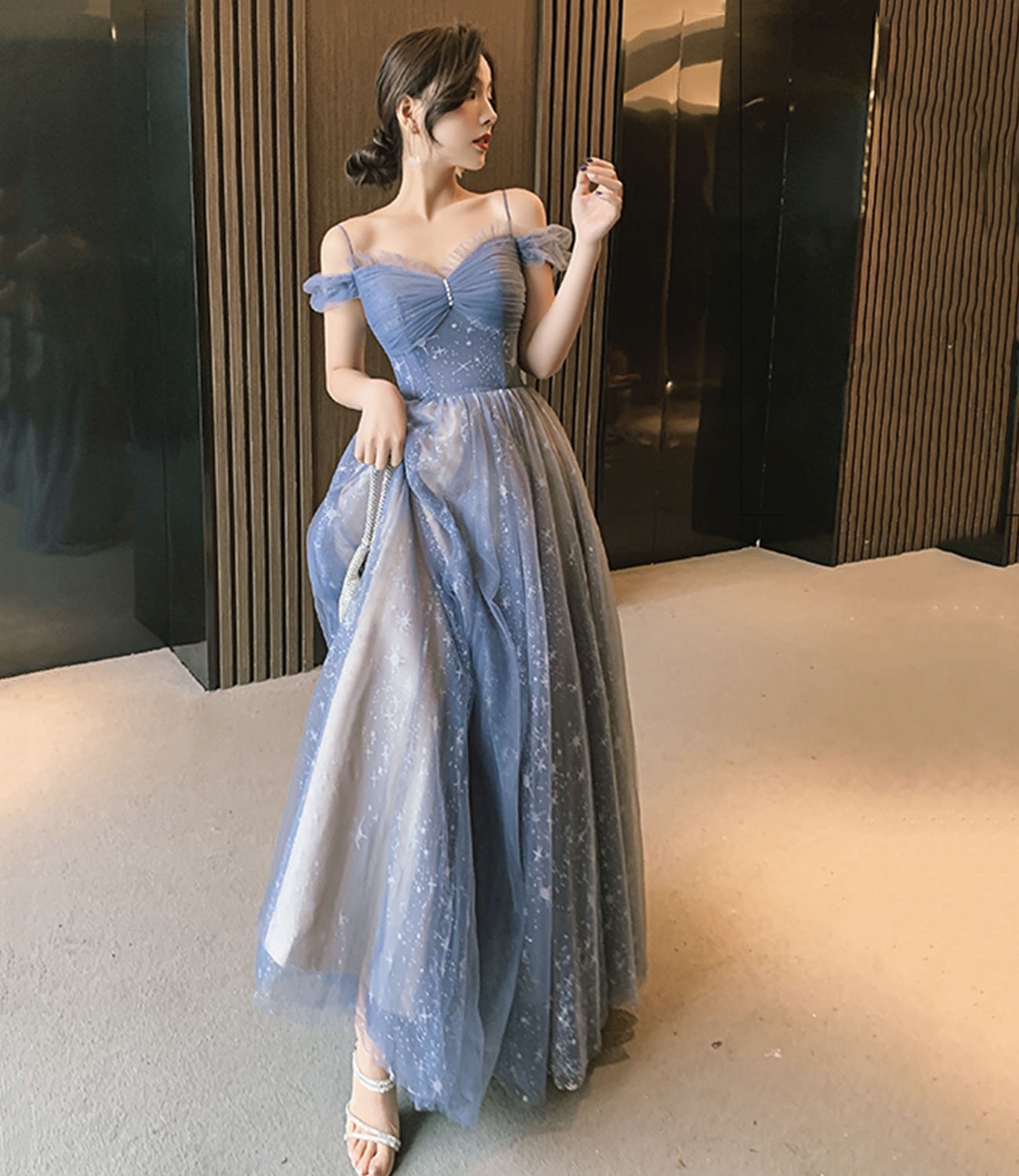 Blue tulle long prom dress A line evening dress Y5340 main image 0