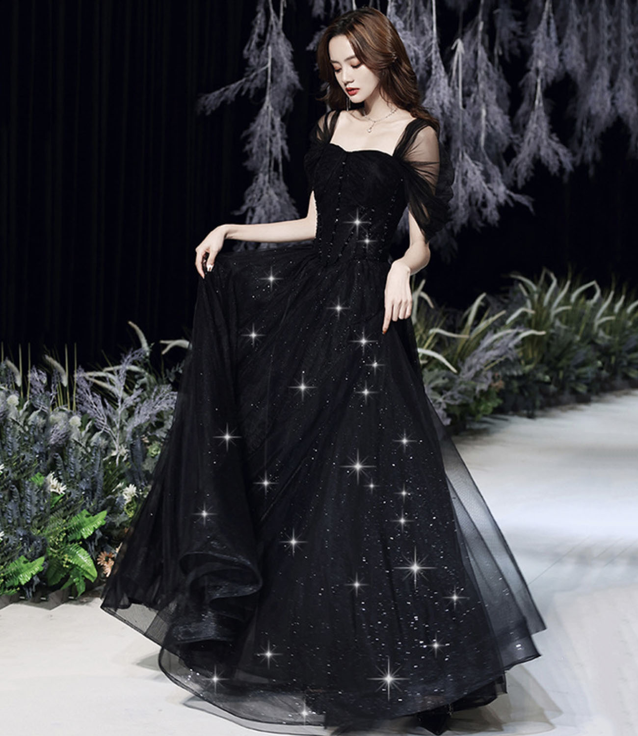 Black Tulle Sequins Long Prom Dress A Line Evening Dress on Luulla