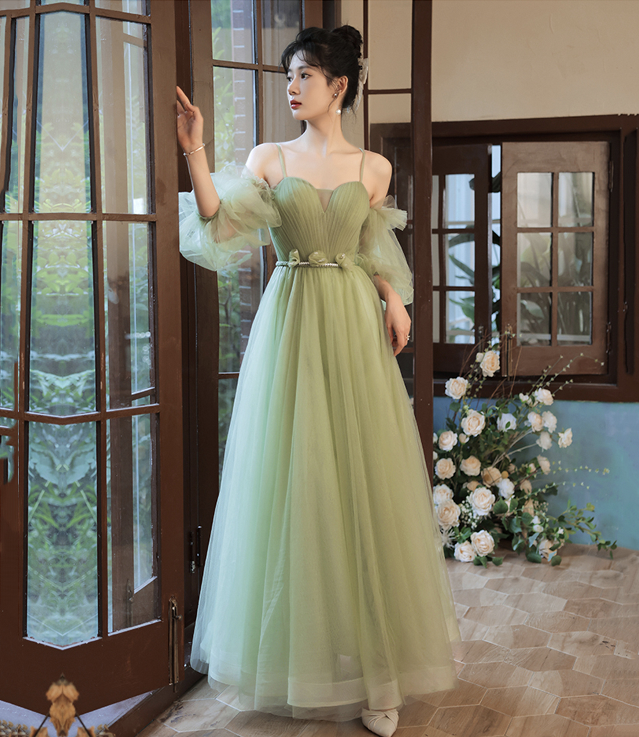 Green Tulle Long A Line Prom Dress A Line Evening Dress on Luulla