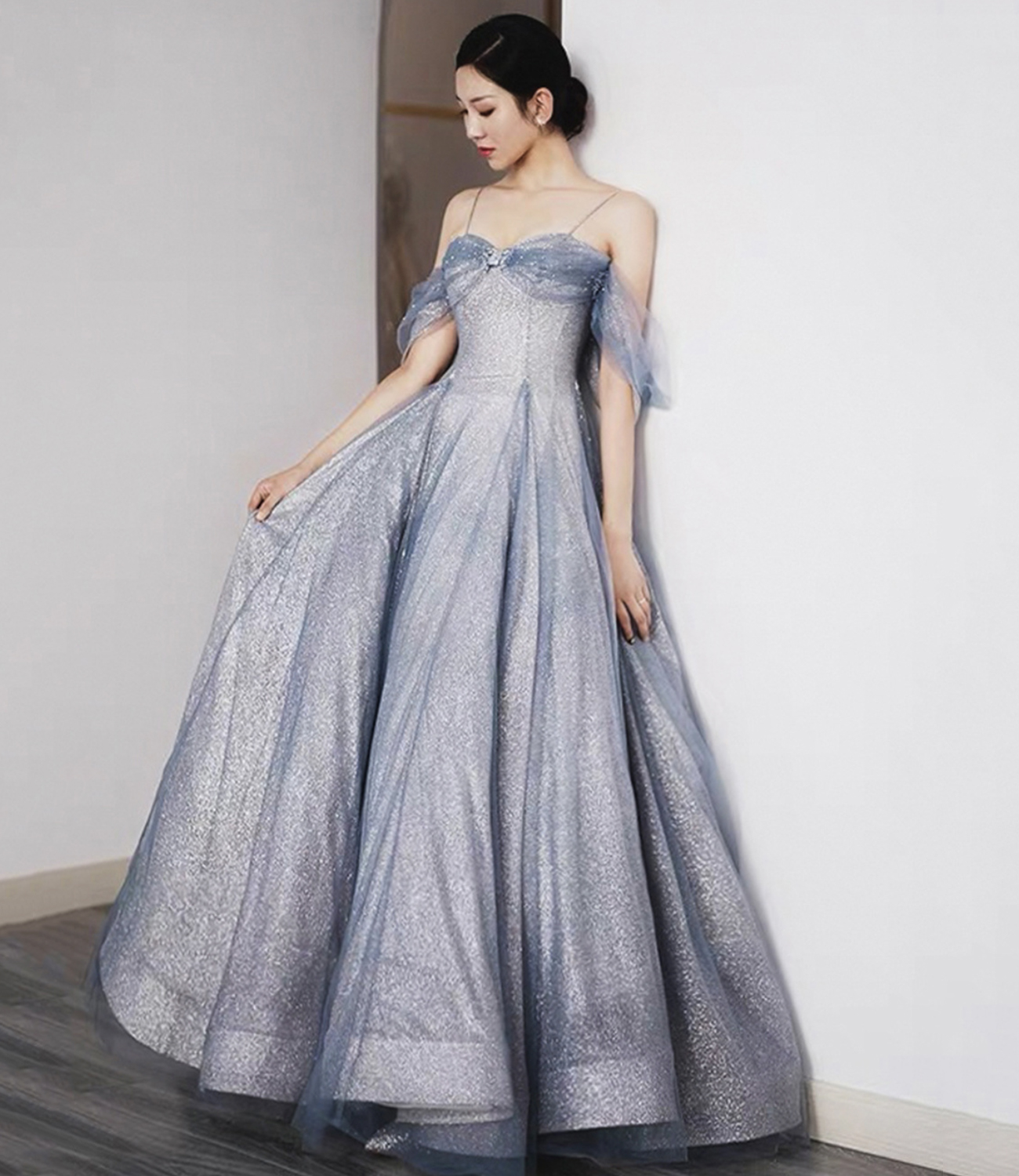 Gray Tulle Sequins Long Prom Dress A Line Evening Dress on Luulla
