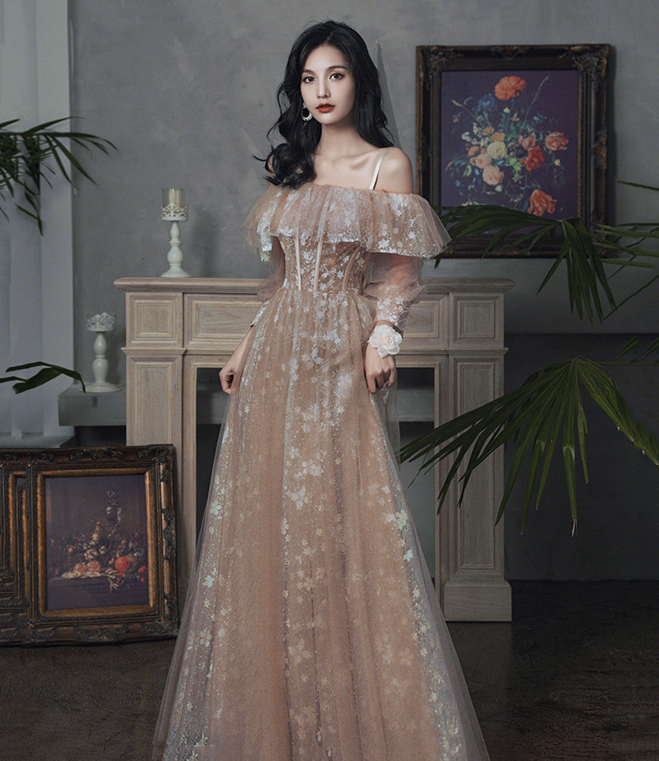 Cute tulle lace long prom dress, evening dress  cg8647 main image 1