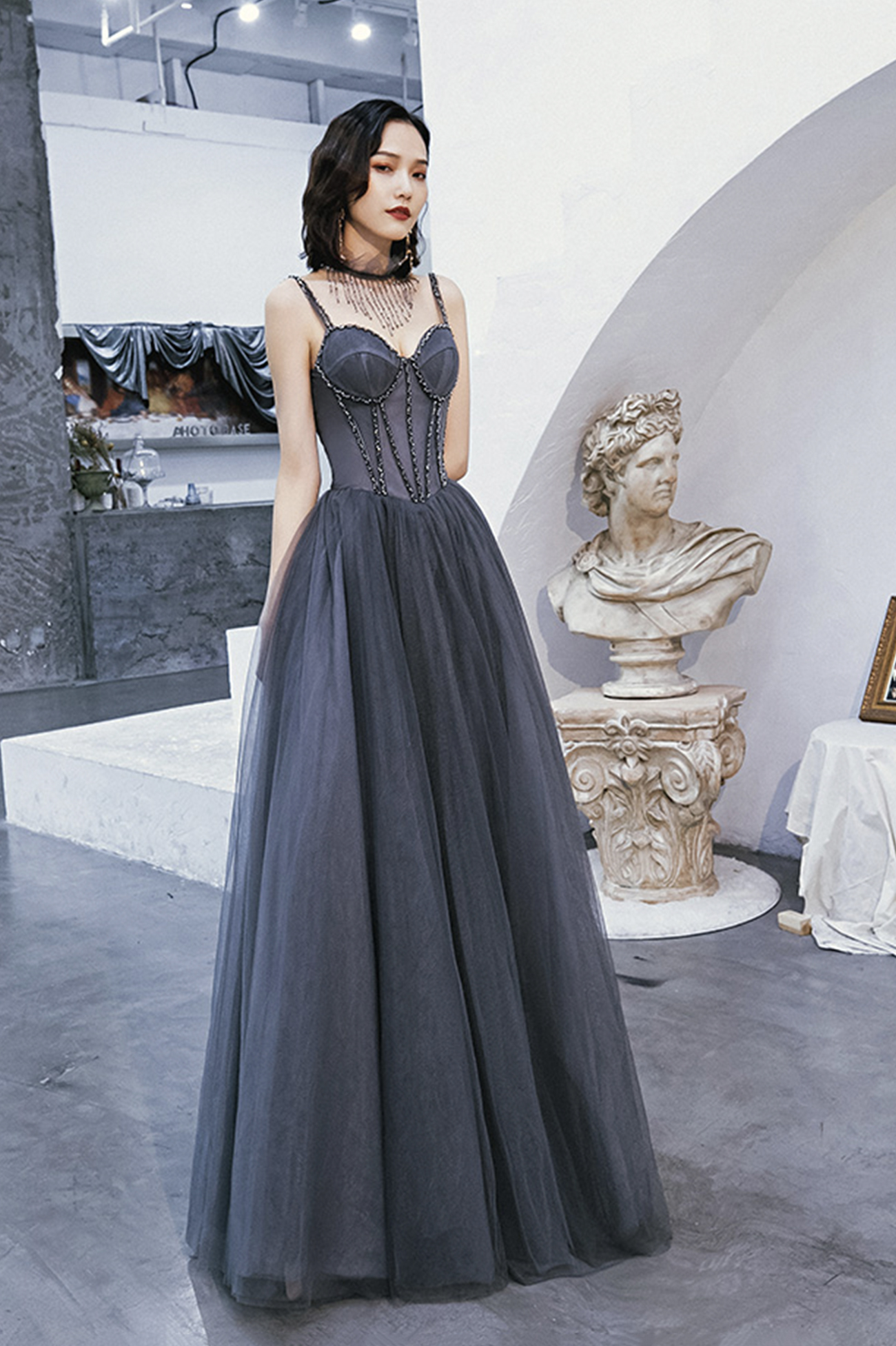 Gray Tulle Beads Long Prom Dress A Line Evening Dress on Luulla