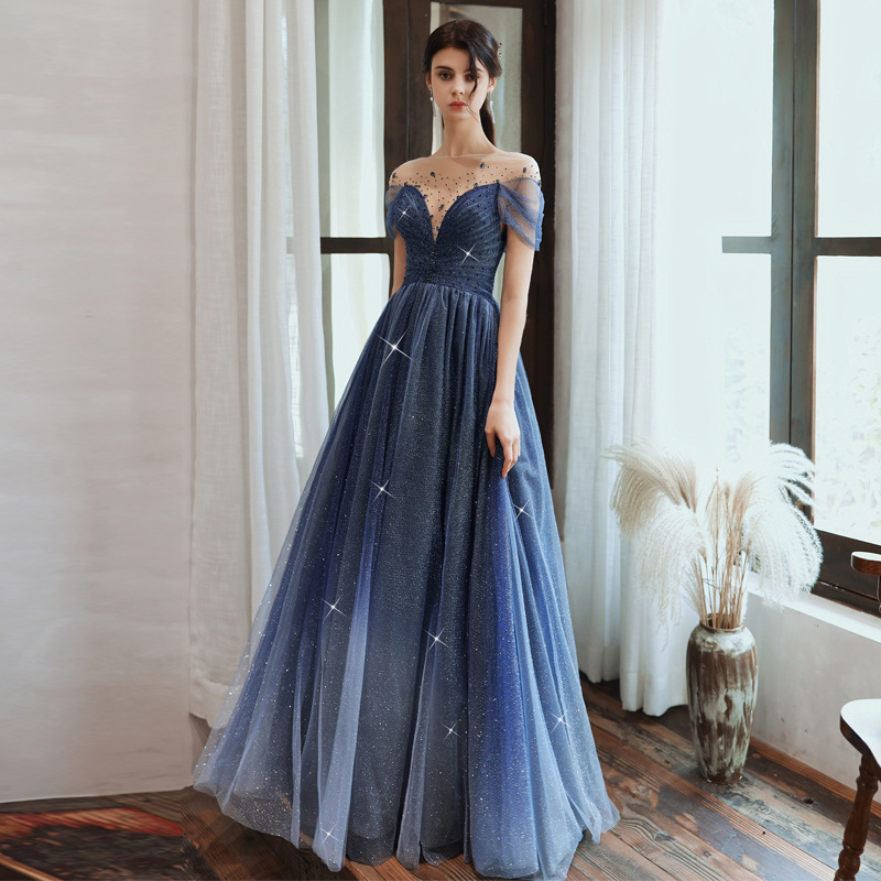 Blue Tulle Sequins Long Prom Dress Blue Evening Dress on Luulla