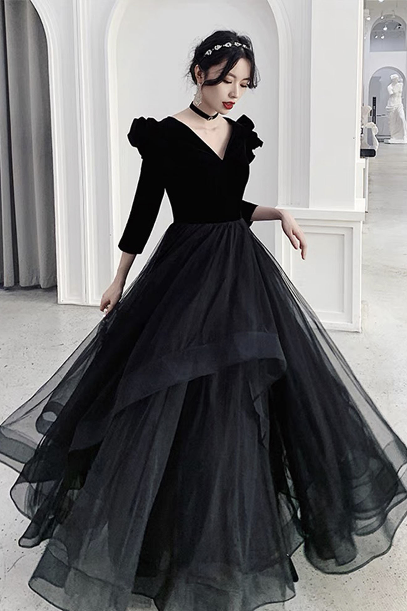 V-Neck Long Sleeve Black Dress