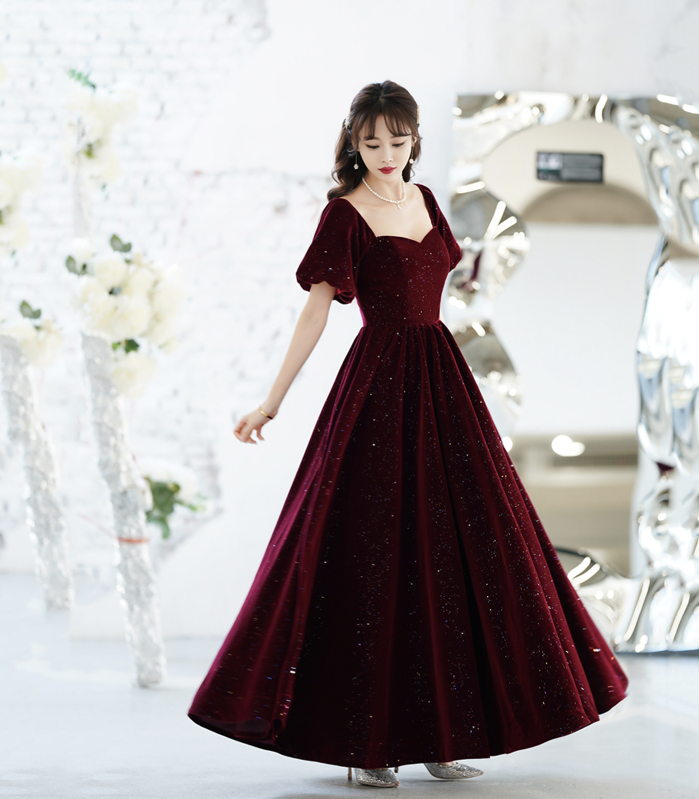 Burgundy Velvet Long Prom Dress, A-line Short Sleeve Evening Dress on ...