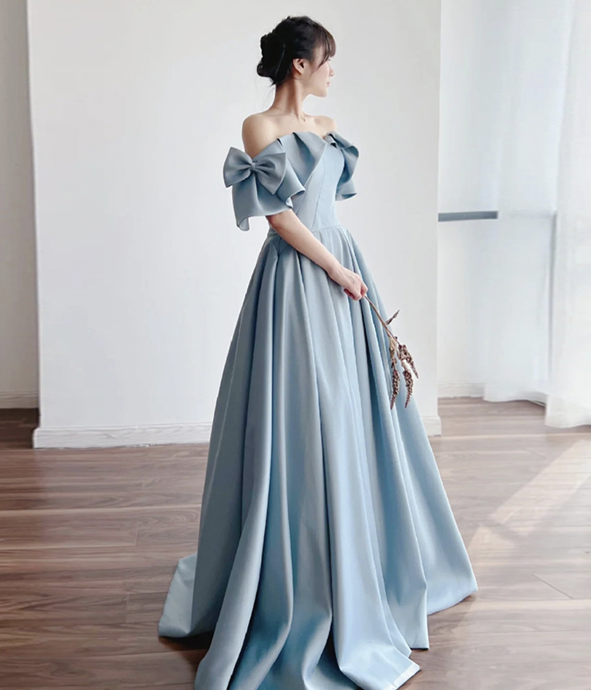Blue Satin Long Prom Dress, Off Shoulder Evening Dress, Party Dress on ...